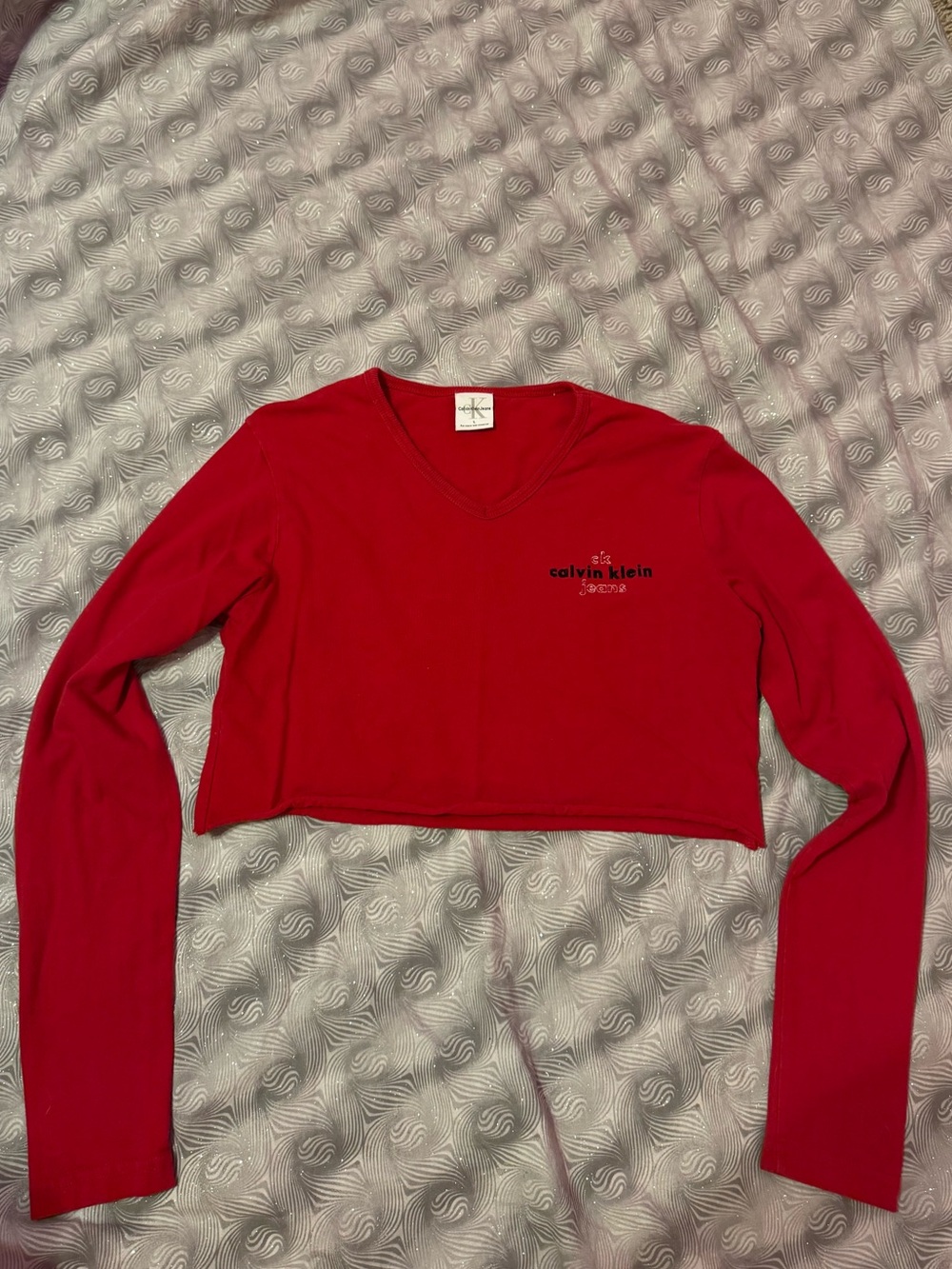 Calvin Klein Red Cropped V-Neck Long Sleeve Top with Logo